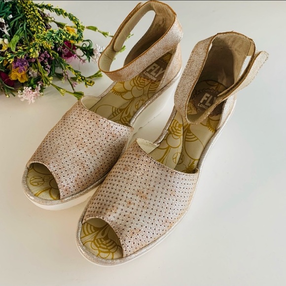 Fly London Yake Perforated Leather Wedge Sandals - Picture 2 of 5
